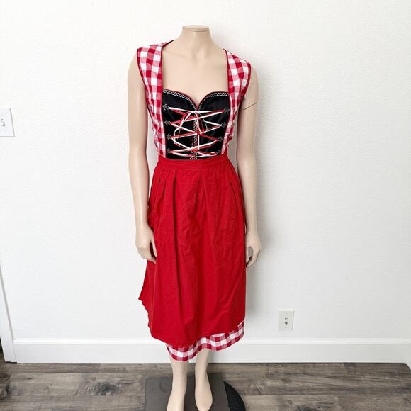 [Vintage] Red Gingham Dirndl Bavarian German Beer Girl Costume Dress Sz XL EU 46 - Picture 1 of 10